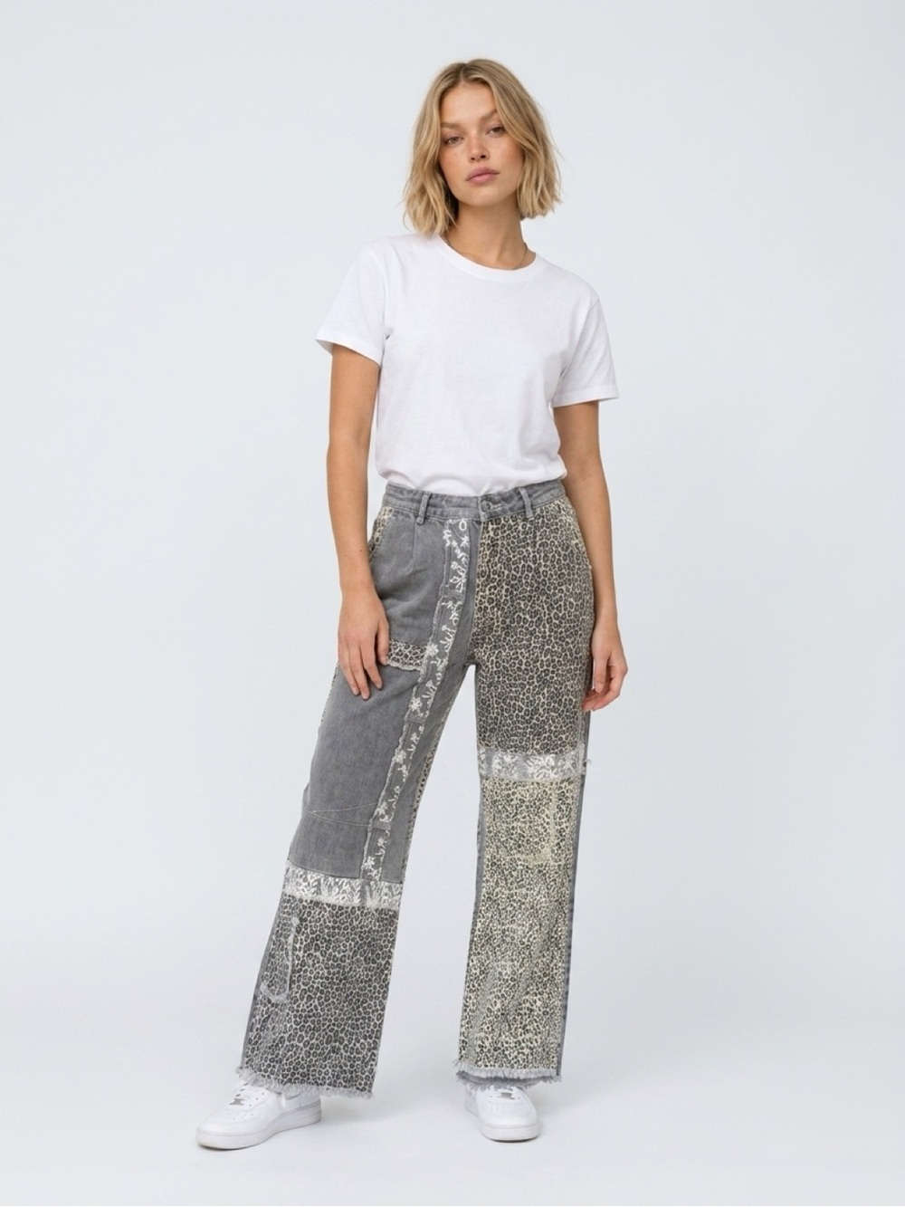 POL Mixed-Print Patchwork Wide-Leg Pants in Gray and Cream